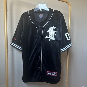 FUBU Black Velour Baseball Jersey with White Accents